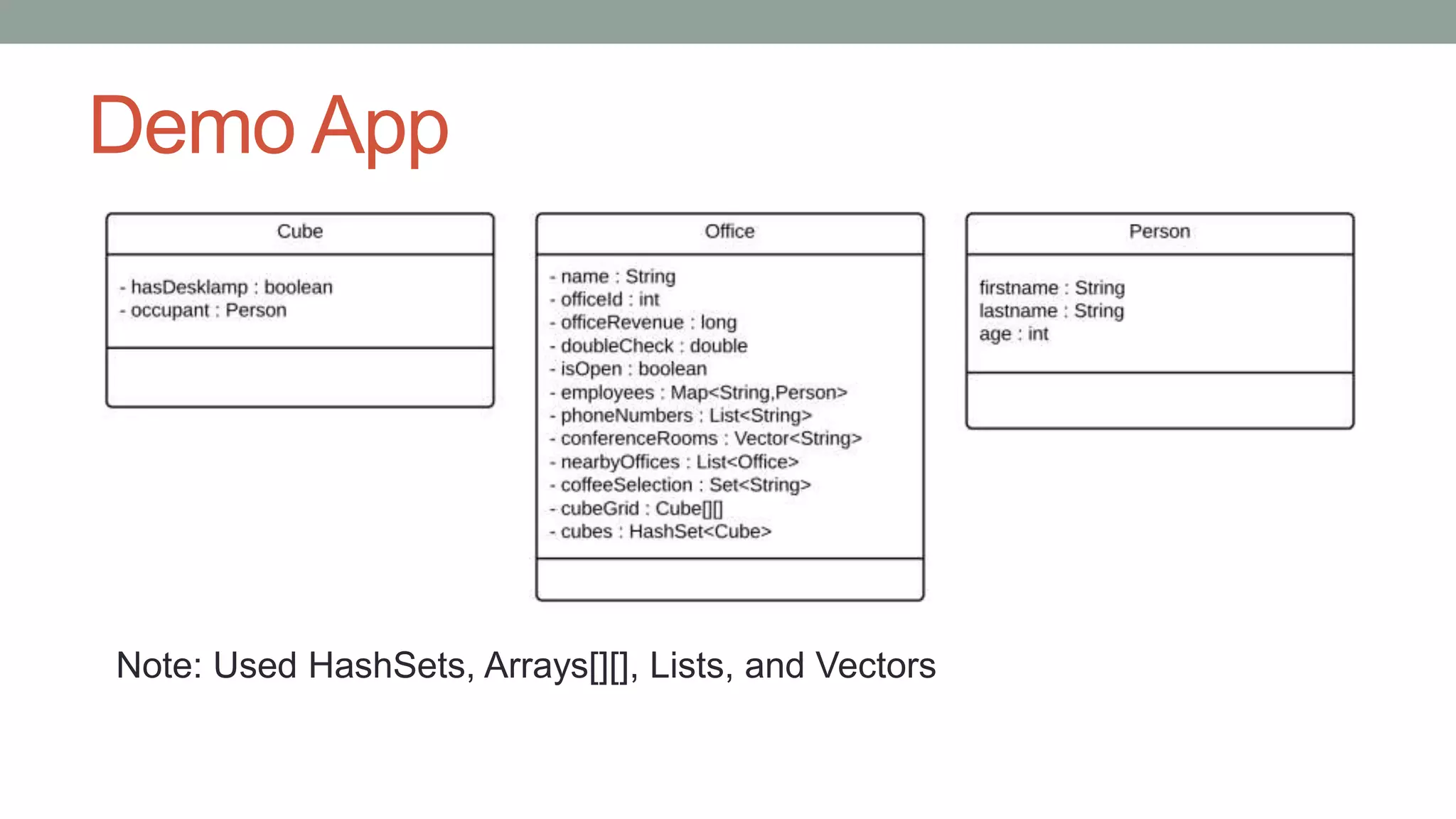 Demo App
Note: Used HashSets, Arrays[][], Lists, and Vectors
 
