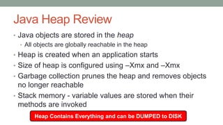 Java Heap Review
• Java objects are stored in the heap
• All objects are globally reachable in the heap
• Heap is created when an application starts
• Size of heap is configured using –Xmx and –Xmx
• Garbage collection prunes the heap and removes objects
no longer reachable
• Stack memory - variable values are stored when their
methods are invoked
Heap Contains Everything and can be DUMPED to DISK
 