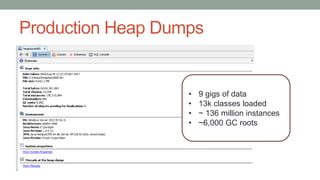 Production Heap Dumps
• 9 gigs of data
• 13k classes loaded
• ~ 136 million instances
• ~6,000 GC roots
 