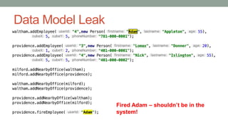 Data Model Leak
Fired Adam – shouldn’t be in the
system!
 