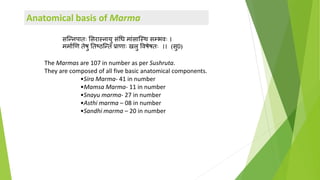 The Marmas are 107 in number as per Sushruta.
They are composed of all five basic anatomical components.
•Sira Marma- 41 i...