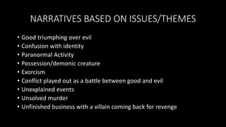 NARRATIVES BASED ON ISSUES/THEMES
• Good triumphing over evil
• Confusion with identity
• Paranormal Activity
• Possession/demonic creature
• Exorcism
• Conflict played out as a battle between good and evil
• Unexplained events
• Unsolved murder
• Unfinished business with a villain coming back for revenge
 