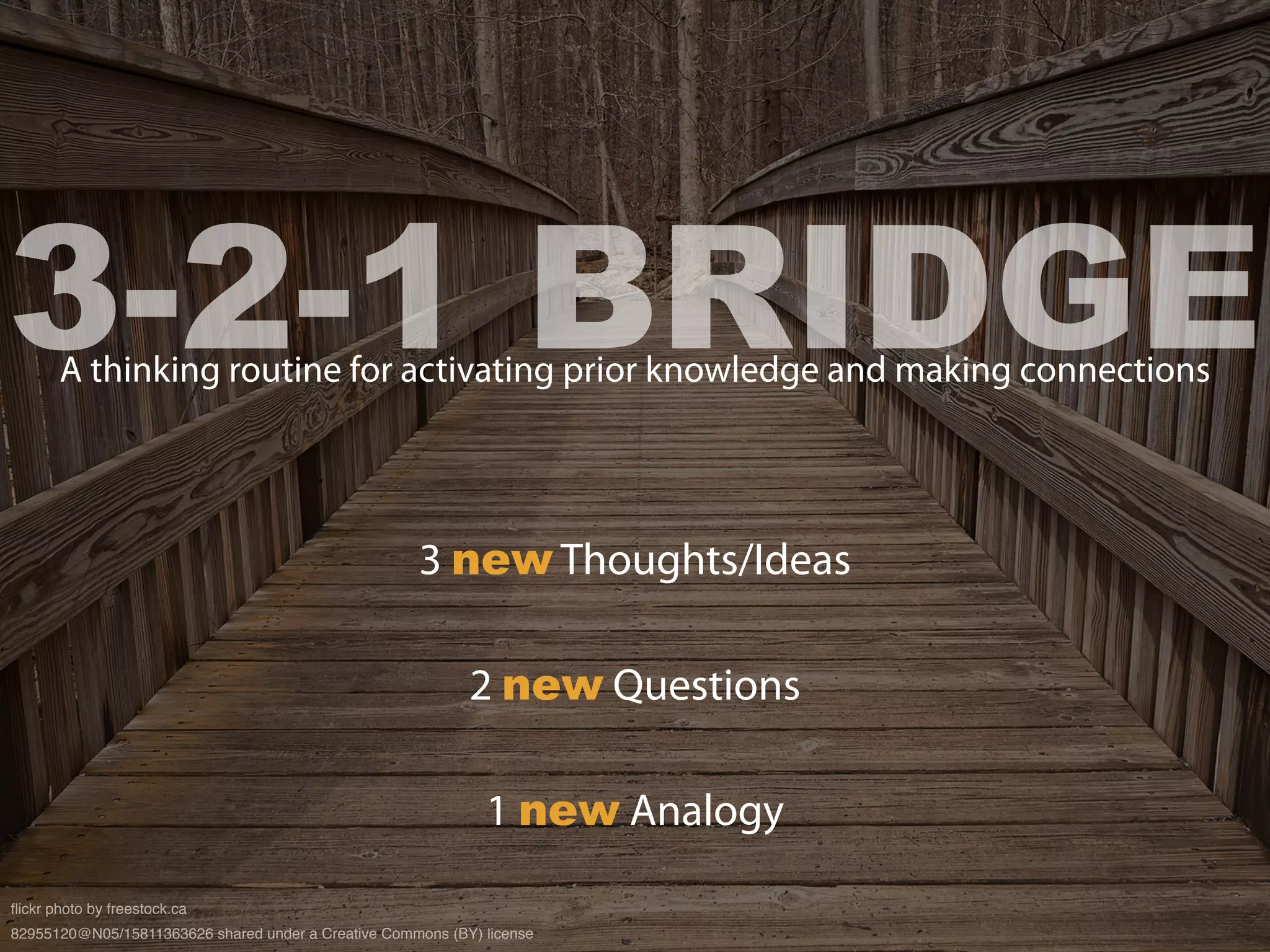 3 new Thoughts/Ideas
2 new Questions
1 new Analogy
3-2-1 BRIDGEA thinking routine for activating prior knowledge and making connections
flickr photo by freestock.ca
82955120@N05/15811363626 shared under a Creative Commons (BY) license