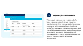 Impound/Escrow Module
04
This module manages escrow accounts for
loans involving property taxes, insurance
premiums, and other escrow-related expenses
associated with mortgage loans. It collects
funds from borrowers, holds them securely, and
then distributes them to the appropriate entities
when due. It automates the calculation of
escrow payments, tracks escrow balances, and
ensures compliance with regulatory
requirements.
 