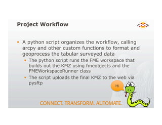 Project Workflow
! A python script organizes the workflow, calling
arcpy and other custom functions to format and
geoprocess the tabular surveyed data
! The python script runs the FME workspace that
builds out the KMZ using fmeobjects and the
FMEWorkspaceRunner class
! The script uploads the final KMZ to the web via
pysftp
Hi