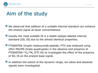 Aim of the study
We observed that addition of a suitable internal standard can enhance
the analyte signal at lower concentrations.
Usually the most suitable IS is a stable isotope labeled internal
standard (SIL IS) due to the almost identical properties.
FTISADTSK (tryptic trastuzumab peptide, FTI) was analyzed using
UPLC-MS/MS (triple quadrupole) in the absence and presence of
FTISADTSK-13C6
15N2 (FTI IS) to investigate the effect of the presence
of SIL IS on the analyte base signal.
In addition the extent of the dynamic range, ion ratios and absolute
signals were investigated.
 