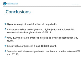 Conclusions
Dynamic range at least 6 orders of magnitude.
Enhanced analyte base signal and higher precision at lower FTI
concentrations through addition of FTI IS.
Only 1.00 fg or 1.03 amol FTI injected at lowest concentration 100
fg/ml.
Linear behavior between 1 and 100000 pg/ml.
Ion ratios and absolute signals reproducible and similar between FTI
and FTI IS.
 