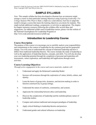 Instructor’s Guide for Exploring Leadership, ISBN 978-07879-9493-8. Published by Jossey-Bass, An Imprint of
Wiley. Copyright ©2007 John Wiley & Sons, Inc.


                                    SAMPLE SYLLABUS
Note: This sample syllabus has been developed to illustrate how an instructor might
arrange a course to meet particular learning objectives using Exploring Leadership: For
College Students Who Want to Make a Difference (2nd edition). Feel free to adapt this
model to design a course that meets the learning objectives you desire for students. This
might include additional readings, assignments, or activities as appropriate. The chapter-
by-chapter instructor resources following this syllabus offer several ideas and
suggestions. For additional syllabi used in leadership courses, please visit the website of
the National Clearinghouse for Leadership Programs at
http://www.nclp.umd.edu/resources/syllabi.asp.

                      Introduction to Leadership Course
Course Description
The purpose of this course is to encourage you to carefully analyze your responsibilities
and commitments in the context of leadership for the common good and for purposeful
change. You will come to understand the concept of relational leadership and how it
differs from traditional leadership theories. The course includes the study of leadership as
well as the application of leadership theories, concepts, and skills. You will also develop
your own leadership potential through the completion of personal and leadership self-
assessments, values exploration, and leadership skill applications through course
activities.

Course Learning Objectives
Through active engagement in the course and course materials, students will:

    1.        Understand and apply the Relational Leadership Model.

    2.        Increase self-awareness through the exploration of values, beliefs, culture, and
              identity.

    3.        Learn the basics of group roles, dynamics, and decision making in order to
              function constructively in group settings.

    4.        Understand the nature of coalitions, communities, and systems.

    5.        Appreciate the relationship between ethics and leadership.

    6.        Discover the complexities of leadership and the multidisciplinary nature of
              leadership studies.

    7.        Compare and contrast traditional and emergent paradigms of leadership.

    8.        Apply critical thinking to leadership theories and practices.

    9.        Understand gender and cultural influences on leadership.


                                                                                                              10
 
