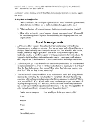 Instructor’s Guide for Exploring Leadership, ISBN 978-07879-9493-8. Published by Jossey-Bass, An Imprint of
Wiley. Copyright ©2007 John Wiley & Sons, Inc.


community service-learning activity together, discussing the concept of personal legacy,
and so on.

Activity Discussion Questions
    1. What criteria will you use to pair experienced and newer members together? What
       characteristics would you use to match them (position, personality, etc.)?

    2. What mechanism will you use to ensure that the program is meeting its goals?

    3. How might having this type of program enhance your organization? What could
       be some of the potential negative results of having such as program within your
       organization?

                                  Possible Assignments
1. LID timeline. Have students think about their personal journey with leadership.
   Encourage them to reflect on when they first learned about leadership and how their
   thoughts about leadership have changed or shifted over time. Consider what events,
   models, or mentors helped spark those transitions. Have students capture their
   leadership timeline in a reflection paper or oral presentation to share with others. An
   interesting twist is to have students discuss their early experiences with leadership
   (LID stages 1 and 2) and have them explore commonalities and unique experiences.

2. Mentors in your life. Have students write a reflection journal about the role of models
   or mentors in their lives. What about those individuals was meaningful to their lives?
   How did they find or attract their mentor? How might they bring new mentors into
   their lives? Who are they, in turn, mentoring?

3. Personal/multiple identity worksheet. Have students think about their many personal
   identities by completing the worksheet below. Have them reflect on the following
   questions: which of your social group memberships were easiest to identify? Which
   were more difficult? Why? Which social group memberships are you most aware of
   in going about your daily life? Which do you seldom think about? Why? (Note that
   less salient social memberships are usually the source of the most privilege.) How do
   other parts of your identity interact with your leadership identity?

         Social identity category              How would you define your membership?

         Race

         Gender

         Class

         Age

         Sexual Orientation



                                                                                                              109
 