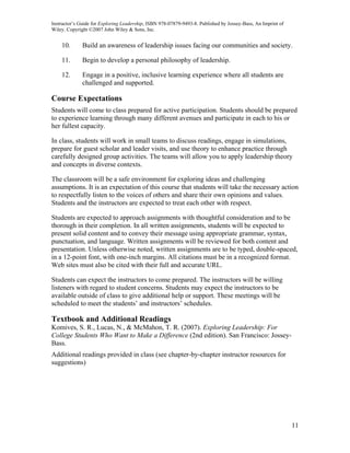 Instructor’s Guide for Exploring Leadership, ISBN 978-07879-9493-8. Published by Jossey-Bass, An Imprint of
Wiley. Copyright ©2007 John Wiley & Sons, Inc.


    10.       Build an awareness of leadership issues facing our communities and society.

    11.       Begin to develop a personal philosophy of leadership.

    12.       Engage in a positive, inclusive learning experience where all students are
              challenged and supported.

Course Expectations
Students will come to class prepared for active participation. Students should be prepared
to experience learning through many different avenues and participate in each to his or
her fullest capacity.

In class, students will work in small teams to discuss readings, engage in simulations,
prepare for guest scholar and leader visits, and use theory to enhance practice through
carefully designed group activities. The teams will allow you to apply leadership theory
and concepts in diverse contexts.

The classroom will be a safe environment for exploring ideas and challenging
assumptions. It is an expectation of this course that students will take the necessary action
to respectfully listen to the voices of others and share their own opinions and values.
Students and the instructors are expected to treat each other with respect.

Students are expected to approach assignments with thoughtful consideration and to be
thorough in their completion. In all written assignments, students will be expected to
present solid content and to convey their message using appropriate grammar, syntax,
punctuation, and language. Written assignments will be reviewed for both content and
presentation. Unless otherwise noted, written assignments are to be typed, double-spaced,
in a 12-point font, with one-inch margins. All citations must be in a recognized format.
Web sites must also be cited with their full and accurate URL.

Students can expect the instructors to come prepared. The instructors will be willing
listeners with regard to student concerns. Students may expect the instructors to be
available outside of class to give additional help or support. These meetings will be
scheduled to meet the students’ and instructors’ schedules.

Textbook and Additional Readings
Komives, S. R., Lucas, N., & McMahon, T. R. (2007). Exploring Leadership: For
College Students Who Want to Make a Difference (2nd edition). San Francisco: Jossey-
Bass.
Additional readings provided in class (see chapter-by-chapter instructor resources for
suggestions)




                                                                                                              11
 