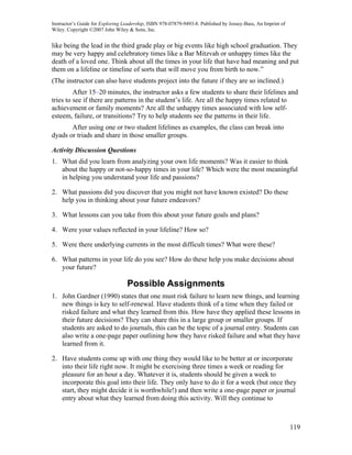 Instructor’s Guide for Exploring Leadership, ISBN 978-07879-9493-8. Published by Jossey-Bass, An Imprint of
Wiley. Copyright ©2007 John Wiley & Sons, Inc.


like being the lead in the third grade play or big events like high school graduation. They
may be very happy and celebratory times like a Bar Mitzvah or unhappy times like the
death of a loved one. Think about all the times in your life that have had meaning and put
them on a lifeline or timeline of sorts that will move you from birth to now.”
(The instructor can also have students project into the future if they are so inclined.)
         After 15–20 minutes, the instructor asks a few students to share their lifelines and
tries to see if there are patterns in the student’s life. Are all the happy times related to
achievement or family moments? Are all the unhappy times associated with low self-
esteem, failure, or transitions? Try to help students see the patterns in their life.
       After using one or two student lifelines as examples, the class can break into
dyads or triads and share in those smaller groups.

Activity Discussion Questions
1. What did you learn from analyzing your own life moments? Was it easier to think
   about the happy or not-so-happy times in your life? Which were the most meaningful
   in helping you understand your life and passions?

2. What passions did you discover that you might not have known existed? Do these
   help you in thinking about your future endeavors?

3. What lessons can you take from this about your future goals and plans?

4. Were your values reflected in your lifeline? How so?

5. Were there underlying currents in the most difficult times? What were these?

6. What patterns in your life do you see? How do these help you make decisions about
   your future?

                                  Possible Assignments
1. John Gardner (1990) states that one must risk failure to learn new things, and learning
   new things is key to self-renewal. Have students think of a time when they failed or
   risked failure and what they learned from this. How have they applied these lessons in
   their future decisions? They can share this in a large group or smaller groups. If
   students are asked to do journals, this can be the topic of a journal entry. Students can
   also write a one-page paper outlining how they have risked failure and what they have
   learned from it.

2. Have students come up with one thing they would like to be better at or incorporate
   into their life right now. It might be exercising three times a week or reading for
   pleasure for an hour a day. Whatever it is, students should be given a week to
   incorporate this goal into their life. They only have to do it for a week (but once they
   start, they might decide it is worthwhile!) and then write a one-page paper or journal
   entry about what they learned from doing this activity. Will they continue to



                                                                                                              119
 