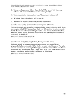 Instructor’s Guide for Exploring Leadership, ISBN 978-07879-9493-8. Published by Jossey-Bass, An Imprint of
Wiley. Copyright ©2007 John Wiley & Sons, Inc.


2. What about the characters did you like or dislike? What parts of their lives were
   reflective of their values? Did they live their life congruently?

3. What would you like to emulate from any of the characters in the movie?

4. Were these characters balanced? How or how not?

5. What were the ways that the movie highlighted self-renewal?

Sweet November (2001), Warner Brothers, Running time: 115 minutes
Nelson is a man devoted to his advertising career in San Francisco. One day, while taking
a driving test at the DMV, he meets Sara. She is very different from the other women in
his life. Nelson causes her to miss taking the test and later that day she tracks him down.
One thing leads to another and Nelson ends up living with her through a November that
will change his life forever.
http://www.imdb.com/title/tt0230838/


Seven Years in Tibet (1997), Sony Pictures, Running time: 139 minutes
Heinrich Harrer is an Austrian mountaineer who is forced to be a hero for Nazi
propaganda. He leaves Austria in 1939 to climb a mountain in the Himalayas. Through a
series of circumstances (including POW camp), he and fellow climber Peter Aufschnaiter
become the only two foreigners in the Tibetan Holy City of Lhasa. There, Heinrich’s life
changes forever as he becomes a close confidant to the Dalai Lama.
http://www.imdb.com/title/tt0120102




                                                                                                              121
 