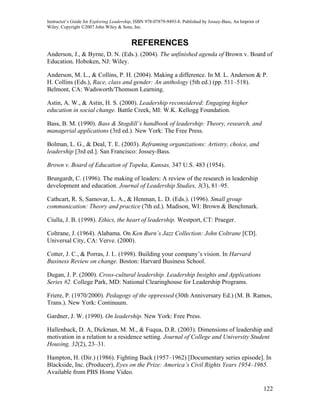Instructor’s Guide for Exploring Leadership, ISBN 978-07879-9493-8. Published by Jossey-Bass, An Imprint of
Wiley. Copyright ©2007 John Wiley & Sons, Inc.


                                          REFERENCES
Anderson, J., & Byrne, D. N. (Eds.). (2004). The unfinished agenda of Brown v. Board of
Education. Hoboken, NJ: Wiley.

Anderson, M. L., & Collins, P. H. (2004). Making a difference. In M. L. Anderson & P.
H. Collins (Eds.), Race, class and gender: An anthology (5th ed.) (pp. 511–518).
Belmont, CA: Wadsworth/Thomson Learning.

Astin, A. W., & Astin, H. S. (2000). Leadership reconsidered: Engaging higher
education in social change. Battle Creek, MI: W.K. Kellogg Foundation.

Bass, B. M. (1990). Bass & Stogdill’s handbook of leadership: Theory, research, and
managerial applications (3rd ed.). New York: The Free Press.

Bolman, L. G., & Deal, T. E. (2003). Reframing organizations: Artistry, choice, and
leadership [3rd ed.]. San Francisco: Jossey-Bass.

Brown v. Board of Education of Topeka, Kansas, 347 U.S. 483 (1954).

Brungardt, C. (1996). The making of leaders: A review of the research in leadership
development and education. Journal of Leadership Studies, 3(3), 81–95.

Cathcart, R. S, Samovar, L. A., & Henman, L. D. (Eds.). (1996). Small group
communication: Theory and practice (7th ed.). Madison, WI: Brown & Benchmark.

Ciulla, J. B. (1998). Ethics, the heart of leadership. Westport, CT: Praeger.

Coltrane, J. (1964). Alabama. On Ken Burn’s Jazz Collection: John Coltrane [CD].
Universal City, CA: Verve. (2000).

Cotter, J. C., & Porras, J. I.. (1998). Building your company’s vision. In Harvard
Business Review on change. Boston: Harvard Business School.

Dugan, J. P. (2000). Cross-cultural leadership. Leadership Insights and Applications
Series #2. College Park, MD: National Clearinghouse for Leadership Programs.

Friere, P. (1970/2000). Pedagogy of the oppressed (30th Anniversary Ed.) (M. B. Ramos,
Trans.). New York: Continuum.

Gardner, J. W. (1990). On leadership. New York: Free Press.

Hallenback, D. A, Dickman, M. M., & Fuqua, D.R. (2003). Dimensions of leadership and
motivation in a relation to a residence setting. Journal of College and University Student
Housing, 32(2), 23–31.

Hampton, H. (Dir.) (1986). Fighting Back (1957–1962) [Documentary series episode]. In
Blackside, Inc. (Producer), Eyes on the Prize: America’s Civil Rights Years 1954–1965.
Available from PBS Home Video.

                                                                                                              122
 