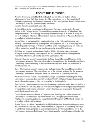 Instructor’s Guide for Exploring Leadership, ISBN 978-07879-9493-8. Published by Jossey-Bass, An Imprint of
Wiley. Copyright ©2007 John Wiley & Sons, Inc.


                                 ABOUT THE AUTHORS
Jennifer Armstrong earned her B.S. in English and her M.A. in student affairs
administration from Ball State University. She currently serves as director of Smith
Fellows Programming and Student Leadership in the Undergraduate Studies Office at the
University of Maryland. Jennifer can be reached at
Jennifer_Armstrong@rhsmith.umd.edu.
Kristan Cilente is the coordinator for Community Service-Learning and a doctoral
student in the College Student Personnel Program at the University of Maryland. She
completed her B.A. in sociology and history from the College of William & Mary and
her M.A. in higher education administration from the University of Arizona. Kristan can
be reached at kcilente@umd.edu.
Krystal Clark is a student affairs residential fellow in the Office of Fraternity and
Sorority Life at the University of Maryland. She completed her B.A. in sociology and
psychology at the College of William and Mary and is currently pursuing her M.Ed. in
college student personnel. Krystal can be reached at kclark13@umd.edu.
Jeff Grim is a graduate student in the Student Affairs Administration program at
Michigan State University. He completed his B.S. at the University of Maryland in
elementary education. Jeff can be reached at jgrim@msu.edu.
Katie Hershey is a Master’s student in the College Student Personnel Program at the
University of Maryland. She currently works as the coordinator for Student Leadership in
Community Service-Learning at the University of Maryland. Katie can be reached at
hershey1@umd.edu.
Karol Martinez is a Master’s student in the College Student Personnel Program at the
University of Maryland. She currently serves as the graduate assistant for the Maryland
Leadership Development Program Karol can be reached at kymartin@umd.edu.
Jim Neumeister is a Master’s student in the College Student Personnel Program at the
University of Maryland. Jim currently works in UMD’s Office of Student Conduct and
teaches leadership courses. . Jim can be reached at jim@umd.edu.
Julie Owen is coordinator of the academic leadership curriculum and a doctoral student at
the University of Maryland. She has over ten years of professional experience in the areas
of leadership development, community service-learning, and assessment. Julie can be
reached at jeowen@umd.edu.
Darren Pierre is the coordinator of Organizations, Advising and Involvement at the
University of San Francisco. He completed his M.A. in higher education with an
emphasis in education, policy and leadership at the University of Maryland. Darren can
be reached at depierre@usfca.edu.
Jessica Porras is a Master’s student in the Higher Education Administration program at
the University of Maryland. She completed her B.A. in politics at Saint Mary’s College
of California. She is currently an assistant community director in residential life at the
University of Maryland, Baltimore County. Jessica can be reached at porras@umbc.edu.




                                                                                                              126
 