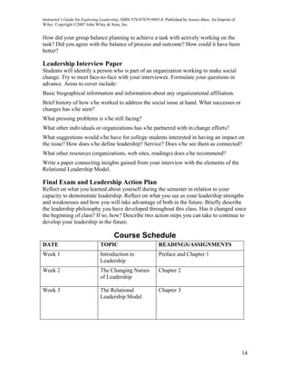 Instructor’s Guide for Exploring Leadership, ISBN 978-07879-9493-8. Published by Jossey-Bass, An Imprint of
Wiley. Copyright ©2007 John Wiley & Sons, Inc.


How did your group balance planning to achieve a task with actively working on the
task? Did you agree with the balance of process and outcome? How could it have been
better?

Leadership Interview Paper
Students will identify a person who is part of an organization working to make social
change. Try to meet face-to-face with your interviewee. Formulate your questions in
advance. Areas to cover include:
Basic biographical information and information about any organizational affiliation.
Brief history of how s/he worked to address the social issue at hand. What successes or
changes has s/he seen?
What pressing problems is s/he still facing?
What other individuals or organizations has s/he partnered with in change efforts?
What suggestions would s/he have for college students interested in having an impact on
the issue? How does s/he define leadership? Service? Does s/he see them as connected?
What other resources (organizations, web sites, readings) does s/he recommend?
Write a paper connecting insights gained from your interview with the elements of the
Relational Leadership Model.

Final Exam and Leadership Action Plan
Reflect on what you learned about yourself during the semester in relation to your
capacity to demonstrate leadership. Reflect on what you see as your leadership strengths
and weaknesses and how you will take advantage of both in the future. Briefly describe
the leadership philosophy you have developed throughout this class. Has it changed since
the beginning of class? If so, how? Describe two action steps you can take to continue to
develop your leadership in the future.

                                       Course Schedule
DATE                            TOPIC                           READINGS/ASSIGNMENTS
Week 1                          Introduction to                 Preface and Chapter 1
                                Leadership
Week 2                          The Changing Nature             Chapter 2
                                of Leadership

Week 3                          The Relational                  Chapter 3
                                Leadership Model




                                                                                                              14
 