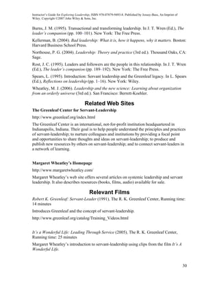 Instructor’s Guide for Exploring Leadership, ISBN 978-07879-9493-8. Published by Jossey-Bass, An Imprint of
Wiley. Copyright ©2007 John Wiley & Sons, Inc.


Burns, J. M. (1995). Transactional and transforming leadership. In J. T. Wren (Ed.), The
leader’s companion (pp. 100–101). New York: The Free Press.
Kellerman, B. (2004). Bad leadership: What it is, how it happens, why it matters. Boston:
Harvard Business School Press.
Northouse, P. G. (2004). Leadership: Theory and practice (3rd ed.). Thousand Oaks, CA:
Sage.
Rost, J. C. (1995). Leaders and followers are the people in this relationship. In J. T. Wren
(Ed.), The leader’s companion (pp. 189–192). New York: The Free Press.
Spears, L. (1995). Introduction: Servant leadership and the Greenleaf legacy. In L. Spears
(Ed.), Reflections on leadership (pp. 1–16). New York: Wiley.
Wheatley, M. J. (2006). Leadership and the new science: Learning about organization
from an orderly universe (3rd ed.). San Francisco: Berrett-Koehler.

                                      Related Web Sites
The Greenleaf Center for Servant-Leadership
http://www.greenleaf.org/index.html
The Greenleaf Center is an international, not-for-profit institution headquartered in
Indianapolis, Indiana. Their goal is to help people understand the principles and practices
of servant-leadership; to nurture colleagues and institutions by providing a focal point
and opportunities to share thoughts and ideas on servant-leadership; to produce and
publish new resources by others on servant-leadership; and to connect servant-leaders in
a network of learning.


Margaret Wheatley’s Homepage
http://www.margaretwheatley.com/
Margaret Wheatley’s web site offers several articles on systemic leadership and servant
leadership. It also describes resources (books, films, audio) available for sale.

                                          Relevant Films
Robert K. Greenleaf: Servant-Leader (1991), The R. K. Greenleaf Center, Running time:
14 minutes
Introduces Greenleaf and the concept of servant-leadership.
http://www.greenleaf.org/catalog/Training_Videos.html


It’s a Wonderful Life: Leading Through Service (2005), The R. K. Greenleaf Center,
Running time: 25 minutes
Margaret Wheatley’s introduction to servant-leadership using clips from the film It’s A
Wonderful Life.


                                                                                                              30
 