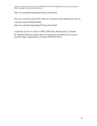 Instructor’s Guide for Exploring Leadership, ISBN 978-07879-9493-8. Published by Jossey-Bass, An Imprint of
Wiley. Copyright ©2007 John Wiley & Sons, Inc.


http://www.greenleaf.org/catalog/Training_Videos.html


The Power of Followership (1995), The R. K. Greenleaf Center, Running time: 80 min.
A keynote speech by Robert Kelley.
http://www.greenleaf.org/catalog/Training_Videos.html


Leadership and The New Science (1993), CRM Films, Running time: 22 minutes
Dr. Margaret Wheatley explains nature’s living systems as models for new ways to
revitalize today’s organizations. (To order call 800-421-0833.)




                                                                                                              31
 