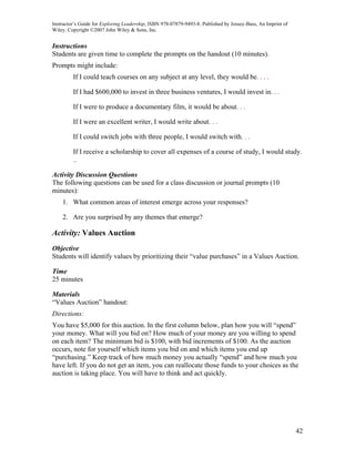 Instructor’s Guide for Exploring Leadership, ISBN 978-07879-9493-8. Published by Jossey-Bass, An Imprint of
Wiley. Copyright ©2007 John Wiley & Sons, Inc.


Instructions
Students are given time to complete the prompts on the handout (10 minutes).
Prompts might include:
         If I could teach courses on any subject at any level, they would be. . . .

         If I had $600,000 to invest in three business ventures, I would invest in. . .

         If I were to produce a documentary film, it would be about. . .

         If I were an excellent writer, I would write about. . .

         If I could switch jobs with three people, I would switch with. . .

         If I receive a scholarship to cover all expenses of a course of study, I would study.
         ..

Activity Discussion Questions
The following questions can be used for a class discussion or journal prompts (10
minutes):
    1. What common areas of interest emerge across your responses?

    2. Are you surprised by any themes that emerge?

Activity: Values Auction
Objective
Students will identify values by prioritizing their “value purchases” in a Values Auction.

Time
25 minutes

Materials
“Values Auction” handout:
Directions:
You have $5,000 for this auction. In the first column below, plan how you will “spend”
your money. What will you bid on? How much of your money are you willing to spend
on each item? The minimum bid is $100, with bid increments of $100. As the auction
occurs, note for yourself which items you bid on and which items you end up
“purchasing.” Keep track of how much money you actually “spend” and how much you
have left. If you do not get an item, you can reallocate those funds to your choices as the
auction is taking place. You will have to think and act quickly.




                                                                                                              42
 