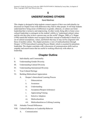 Instructor’s Guide for Exploring Leadership, ISBN 978-07879-9493-8. Published by Jossey-Bass, An Imprint of
Wiley. Copyright ©2007 John Wiley & Sons, Inc.


                                                       5
                             UNDERSTANDING OTHERS
                                              Karol Martinez

This chapter is designed to help students connect aspects of their own individuality (as
discussed in Chapter Four) with differences they find in other people. It will help students
understand how being aware of differences in gender, ethnicity, or culture can foster
leadership that is inclusive and empowering. In other words, being able to foster cross-
cultural leadership is contingent on the student’s ability to “understand cultural values
and the role they play in how a person may see the world” (Dugan, 2000, p.7). Hoppe
(1998) stated that students must recognize that their concept of leadership is based on a
set of cultural assumptions, values, and beliefs that may or may not be congruent with
those of another culture. The chapter promotes a view of multiculturalism through
Hoopes’ (1979) Intercultural Learning Process Model, which is essential for pluralistic
leadership. The chapter concludes with a discussion of communication skills such as
empathy and assertiveness that are useful in working effectively with others in
leadership.

                                         Chapter Outline
I.       Individuality and Commonality
II.      Understanding Gender Diversity
III.     Understanding Cultural Diversity
IV.      Understanding International Diversity
V.       Your Cultural Heritage
VI.      Building Multicultural Appreciation
         A.       Hoopes’s Intercultural Learning Process
                  i.        Ethnocentrism
                  ii.       Awareness
                  iii.      Understanding
                  iv.       Acceptance/Respect (tolerance)
                  v.        Appreciating/Valuing
                  vi.       Selective Adoption
                  vii.      Multiculturalism
                  viii.     Multiculturalism as Lifelong Learning
VII.     Attitudes Toward Differences
VIII:    Cultural Influences on Leadership Behavior
         A.       Communication


                                                                                                              47
 