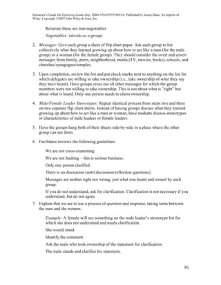 Instructor’s Guide for Exploring Leadership, ISBN 978-07879-9493-8. Published by Jossey-Bass, An Imprint of
Wiley. Copyright ©2007 John Wiley & Sons, Inc.


         Reiterate these are non-negotiables
         Negotiables: (decide as a group)

2. Messages: Give each group a sheet of flip chart paper. Ask each group to list
   collectively what they learned growing up about how to act like a man (for the male
   group) or a woman (for the female group). They should consider the overt and covert
   messages from family, peers, neighborhood, media (TV, movies, books), schools, and
   churches/synagogues/temples.

3. Upon completion, review the list and put check marks next to anything on the list for
   which delegates are willing to take ownership (i.e., take ownership of what they say
   they have heard). Have groups cross out all other messages for which the group
   members were not willing to take ownership. This is not about what is ”right” but
   about what is heard. Only one person needs to claim ownership.

4. Male/Female Leader Stereotypes: Repeat identical process from steps two and three
   on two separate flip chart sheets. Instead of having groups discuss what they learned
   growing up about how to act like a man or woman, have students discuss stereotypes
   or characteristics of male leaders or female leaders.

5. Have the groups hang both of their sheets side-by-side in a place where the other
   group can see them.

6. Facilitator reviews the following guidelines:

         We are not cross-examining
         We are not bashing – this is serious business.
         Only one person clarified.
         There is no discussion (until discussion/reflection questions).
         Messages are neither right nor wrong, just what was heard and owned by each
         group.
         If you do not understand, ask for clarification. Clarification is not necessary if you
         understand, but do not agree.
7. Explain that we are to use a process of question and response, taking turns between
   the men and the women.

         Example: A female will see something on the male leader’s stereotype list for
         which she does not understand and needs clarification.
         She would stand.
         Identify the comment.
         Ask the male who took ownership of the statement for clarification.
         The male stands and clarifies his statement.


                                                                                                              50
 