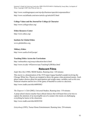 Instructor’s Guide for Exploring Leadership, ISBN 978-07879-9493-8. Published by Jossey-Bass, An Imprint of
Wiley. Copyright ©2007 John Wiley & Sons, Inc.


http://www.washingtonpost.com/wp-dyn/business/specials/corporateethics/
http://www.socialfunds.com/news/article.cgi/article832.html


College Values and the Journal for College & Character
http://www.collegevalues.org/


Ethics Resource Center
http://www.ethics.org/


Institute for Global Ethics
www.globalethics.org


Military Ethics
http://www.usafa.af.mil/jscope/


Teaching Ethics Across the Curriculum
http://onlineethics.org/essays/education/davis.html
http://www.rit.edu/~692awww/seac/Teaching%20Ethics.html

                                          Relevant Films
Eight Men Out (1988), MGM Studios, Running time: 120 minutes
This movie is a dramatization of the 1919 major league baseball scandal involving the
Chicago White Sox. Players are tempted to throw the games when promised money. Each
player makes choices about his participation and weighs many variables such as his own
financial situation and his love of the game of baseball to come to a decision.
http://www.imdb.com/title/tt0095082/


The Emperor’s Club (2002), Universal Studios, Running time: 110 minutes
A prep-school classics teacher faces ethical choices that will haunt him as he tries to
capture the attention of an incorrigible son of a senator who insists on challenging
everything he learns in the classroom.
http://www.imdb.com/title/tt0283530/


Gettysburg (1993), Turner Home Entertainment, Running time: 254 minutes



                                                                                                              61
 