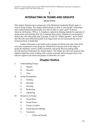Instructor’s Guide for Exploring Leadership, ISBN 978-07879-9493-8. Published by Jossey-Bass, An Imprint of
Wiley. Copyright ©2007 John Wiley & Sons, Inc.


                                                       7
                INTERACTING IN TEAMS AND GROUPS
                                               Darren Pierre

This chapter illustrates how components of the Relational Leadership Model apply in
team or group settings. The chapter defines groups as three or more people “interacting
and communicating interpersonally over time in order to reach a goal” (Cathcart,
Samovar, & Henman, 1996, p. 1). Emphasis is placed on helping students be cognizant of
group norms and realizing their role in shaping those norms. Students are encouraged to
analyze the roles that people play in groups, to look for “hidden agendas,” and to realize
that often the most influential people in an organization are not necessarily the ones in
formal positions of leadership.
        Further information is provided on how groups are formed and what some of the
necessary components of any group are. Dimensions of groups such as the stages of
group development, creative conflict resolution, and group decision-making skills
provide practical information for student leaders. The chapter provides real scenarios that
students might face when working with a variety of groups and encourages them to be
effective agents in the teams and groups of which they are a part.

                                         Chapter Outline
I.       Understanding Groups
         A.       Purpose
         B.       Structure
         C.       Time
II.      Group Development
         A.       Forming
         B.       Storming
         C.       Norming
         D.       Performing
         E.       Adjourning
III.     Dynamics in Groups
         A.       Group Roles
         B.       Group Norms
         C.       Creative Conflict
         D.       Group Decision Making
         E.       Teamwork
                  i.        Teams and Groups


                                                                                                              63
 