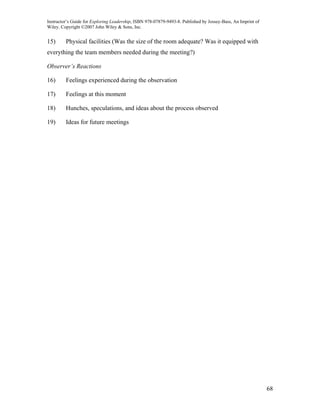 Instructor’s Guide for Exploring Leadership, ISBN 978-07879-9493-8. Published by Jossey-Bass, An Imprint of
Wiley. Copyright ©2007 John Wiley & Sons, Inc.


15)      Physical facilities (Was the size of the room adequate? Was it equipped with
everything the team members needed during the meeting?)

Observer’s Reactions

16)      Feelings experienced during the observation

17)      Feelings at this moment

18)      Hunches, speculations, and ideas about the process observed

19)      Ideas for future meetings




                                                                                                              68
 