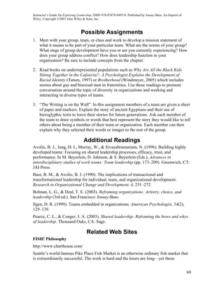 Instructor’s Guide for Exploring Leadership, ISBN 978-07879-9493-8. Published by Jossey-Bass, An Imprint of
Wiley. Copyright ©2007 John Wiley & Sons, Inc.



                                  Possible Assignments
1. Meet with your group, team, or class and work to develop a mission statement of
   what it means to be part of your particular team. What are the norms of your group?
   What stage of group development have you or are you currently experiencing? How
   does your group address conflict? How does leadership function in your
   organization? Be sure to include concepts from the chapter.

2. Read books on underrepresented populations such as Why Are All the Black Kids
   Sitting Together in the Cafeteria?: A Psychologist Explains the Development of
   Racial Identity (Tatum, 1997) or Brotherhood (Windmeyer, 2005) which includes
   stories about gay and bisexual men in fraternities. Use these readings to promote
   conversation around the topic of diversity in organizations and working and
   interacting in diverse types of teams.

3. “The Writing is on the Wall”. In this assignment members of a team are given a sheet
   of paper and markers. Explain the story of ancient Egyptians and their use of
   hieroglyphic texts to leave their stories for future generations. Ask each member of
   the team to draw symbols or words that best represent the story they would like to tell
   others about being a member of their team or organization. Each member can then
   explain why they selected their words or images to the rest of the group.

                                    Additional Readings
Avolio, B. J., Jung, D. I., Murray, W., & Sivasubramaniam, N. (1996). Building highly
developed teams: Focusing on shared leadership processes, efficacy, trust, and
performance. In M. Beyerlein, D. Johnson, & S. Beyerlein (Eds.), Advances in
interdisciplinary studies of work teams: Team leadership (pp. 173–209). Greenwich, CT:
JAI Press.
Bass, B. M., & Avolio, B. J. (1990). The implications of transactional and
transformational leadership for individual, team, and organizational development.
Research in Organizational Change and Development, 4, 231–272.
Bolman, L. G., & Deal, T. E. (2003). Reframing organizations: Artistry, choice, and
leadership (3rd ed.). San Francisco: Jossey-Bass.
Ilgen, D. R. (1999). Teams embedded in organizations. American Psychologist, 54(2),
129–139.
Pearce, C. L., & Conger, J. A. (2003). Shared leadership: Reframing the hows and whys
of leadership. Thousand Oaks, CA: Sage.

                                      Related Web Sites
FISH! Philosophy
http://www.charthouse.com/
Seattle’s world-famous Pike Place Fish Market is an otherwise ordinary fish market that
is extraordinarily successful. The work is hard and the hours are long—yet these


                                                                                                              69
 