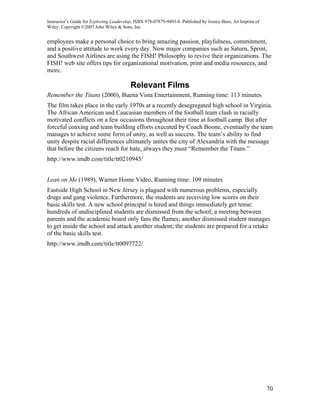Instructor’s Guide for Exploring Leadership, ISBN 978-07879-9493-8. Published by Jossey-Bass, An Imprint of
Wiley. Copyright ©2007 John Wiley & Sons, Inc.


employees make a personal choice to bring amazing passion, playfulness, commitment,
and a positive attitude to work every day. Now major companies such as Saturn, Sprint,
and Southwest Airlines are using the FISH! Philosophy to revive their organizations. The
FISH! web site offers tips for organizational motivation, print and media resources, and
more.

                                          Relevant Films
Remember the Titans (2000), Buena Vista Entertainment, Running time: 113 minutes
The film takes place in the early 1970s at a recently desegregated high school in Virginia.
The African American and Caucasian members of the football team clash in racially
motivated conflicts on a few occasions throughout their time at football camp. But after
forceful coaxing and team building efforts executed by Coach Boone, eventually the team
manages to achieve some form of unity, as well as success. The team’s ability to find
unity despite racial differences ultimately unites the city of Alexandria with the message
that before the citizens reach for hate, always they must “Remember the Titans.”
http://www.imdb.com/title/tt0210945/


Lean on Me (1989), Warner Home Video, Running time: 109 minutes
Eastside High School in New Jersey is plagued with numerous problems, especially
drugs and gang violence. Furthermore, the students are receiving low scores on their
basic skills test. A new school principal is hired and things immediately get tense:
hundreds of undisciplined students are dismissed from the school; a meeting between
parents and the academic board only fans the flames; another dismissed student manages
to get inside the school and attack another student; the students are prepared for a retake
of the basic skills test.
http://www.imdb.com/title/tt0097722/




                                                                                                              70
 
