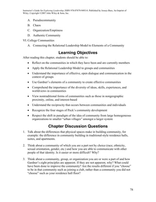 Instructor’s Guide for Exploring Leadership, ISBN 978-07879-9493-8. Published by Jossey-Bass, An Imprint of
Wiley. Copyright ©2007 John Wiley & Sons, Inc.


    A. Pseudocommunity
    B. Chaos
    C. Organization/Emptiness
    D. Authentic Community
VI. College Communities
    A. Connecting the Relational Leadership Model to Elements of a Community

                                    Learning Objectives
After reading this chapter, students should be able to:
    •    Reflect on the communities in which they have been and are currently members
    •    Apply the Relational Leadership Model to groups and communities
    •    Understand the importance of effective, open dialogue and communication in the
         context of groups
    •    Use Gardner’s elements of a community to create effective communities
    •    Comprehend the importance of the diversity of ideas, skills, experiences, and
         worldviews in communities
    •    View nontraditional forms of communities such as those in nongeographic
         proximity, online, and interest-based
    •    Understand the reciprocity that occurs between communities and individuals
    •    Recognize the four stages of Peck’s community development
    •    Respect the shift in paradigm of the idea of community from large homogeneous
         organizations to smaller “urban villages” amongst a larger system

                          Chapter Discussion Questions
1. Talk about the differences that physical spaces make in building community, for
   example: the difference in community building in traditional-style residence halls,
   suites, and apartments.

2. Think about a community of which you are a part not by choice (race, ethnicity,
   sexual orientation, gender, etc.) and how you are able to communicate with other
   people of that identity. Is it easier or more difficult? Why?

3. Think about a community, group, or organization you are or were a part of and how
   Gardner’s eight principles are apparent. If they are not apparent, why? What could
   have been done to improve the community? Are the results different if you “choose”
   to be in that community such as joining a club, rather than a community you did not
   “choose” such as your residence hall floor?




                                                                                                              78
 