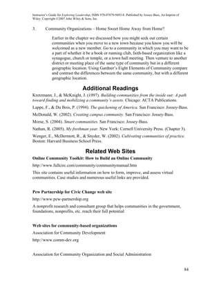 Instructor’s Guide for Exploring Leadership, ISBN 978-07879-9493-8. Published by Jossey-Bass, An Imprint of
Wiley. Copyright ©2007 John Wiley & Sons, Inc.


3.       Community Organizations – Home Sweet Home Away from Home?

              Earlier in the chapter we discussed how you might seek out certain
              communities when you move to a new town because you know you will be
              welcomed as a new member. Go to a community in which you may want to be
              a part of whether it be a book or running club, faith-based organization like a
              synagogue, church or temple, or a town hall meeting. Then venture to another
              district or meeting place of the same type of community but in a different
              geographic location. Using Gardner’s Eight Elements of Community compare
              and contrast the differences between the same community, but with a different
              geographic location.

                                    Additional Readings
Kretzmann, J., & McKnight, J. (1997). Building communities from the inside out: A path
toward finding and mobilizing a community’s assets. Chicago: ACTA Publications.
Lappe, F., & Du Bois, P. (1994). The quickening of America. San Francisco: Jossey-Bass.
McDonald, W. (2002). Creating campus community. San Francisco: Jossey-Bass.
Morse, S. (2004). Smart communities. San Francisco: Jossey-Bass.
Nathan, R. (2005). My freshman year. New York: Cornell University Press. (Chapter 3).
Wenger, E., McDermott, R., & Snyder, W. (2002). Cultivating communities of practice.
Boston: Harvard Business School Press.

                                      Related Web Sites
Online Community Toolkit: How to Build an Online Community
http://www.fullcirc.com/community/communitymanual.htm
This site contains useful information on how to form, improve, and assess virtual
communities. Case studies and numerous useful links are provided.


Pew Partnership for Civic Change web site
http://www.pew-partnership.org
A nonprofit research and consultant group that helps communities in the government,
foundations, nonprofits, etc. reach their full potential


Web sites for community-based organizations
Association for Community Development
http://www.comm-dev.org


Association for Community Organization and Social Administration


                                                                                                              84
 