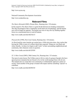 Instructor’s Guide for Exploring Leadership, ISBN 978-07879-9493-8. Published by Jossey-Bass, An Imprint of
Wiley. Copyright ©2007 John Wiley & Sons, Inc.


http://www.acosa.org


National Community Development Association
http://www.ncdaonline.org

                                          Relevant Films
The Matrix Reloaded (2003), Warner Bros., Running time: 138 minutes.
In this sequel to The Matrix there is a great divide between two feuding communities.
The idea encouraged is that a community can be built out of technology, and the human
race will no longer be supreme. The human race tries to stay alive by banding together
forces in a concentrated area to ward off attacks.
http://www.imdb.com/title/tt0234215/


Pleasantville (1998), New Line Cinema, Running time: 124 minutes.
As David and his sister Jennifer get sucked into a 1950s television show, they realize that
leaving the 1990s is more of a culture shock then expected. Things are very black and
white, literally. As these two begin to add “color” to their surrounding neighborhood and
community, their character comes in question.
http://www.imdb.com/title/tt0120789/


X2: X-Men United (2003), 20th Century Fox, Running time: 133 minutes.
The marvel comic heroes The X-Men come to life in a tale of a group of people who have
special powers (mutants) but are forced to live in the world amongst those who do not.
The mutants have to create their own community to withstand the oppressive nature of
society. Each member of the group is treated with respect and has something ”special“ to
contribute.
http://www.imdb.com/title/tt0290334/




                                                                                                              85
 