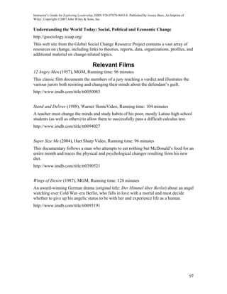 Instructor’s Guide for Exploring Leadership, ISBN 978-07879-9493-8. Published by Jossey-Bass, An Imprint of
Wiley. Copyright ©2007 John Wiley & Sons, Inc.


Understanding the World Today: Social, Political and Economic Change
http://gsociology.icaap.org/
This web site from the Global Social Change Resource Project contains a vast array of
resources on change, including links to theories, reports, data, organizations, profiles, and
additional material on change-related topics.

                                          Relevant Films
12 Angry Men (1957), MGM, Running time: 96 minutes
This classic film documents the members of a jury reaching a verdict and illustrates the
various jurors both resisting and changing their minds about the defendant’s guilt.
http://www.imdb.com/title/tt0050083


Stand and Deliver (1988), Warner HomeVideo, Running time: 104 minutes
A teacher must change the minds and study habits of his poor, mostly Latino high school
students (as well as others) to allow them to successfully pass a difficult calculus test.
http://www.imdb.com/title/tt0094027


Super Size Me (2004), Hart Sharp Video, Running time: 96 minutes
This documentary follows a man who attempts to eat nothing but McDonald’s food for an
entire month and traces the physical and psychological changes resulting from his new
diet.
http://www.imdb.com/title/tt0390521


Wings of Desire (1987), MGM, Running time: 128 minutes
An award-winning German drama (original title: Der Himmel über Berlin) about an angel
watching over Cold War–era Berlin, who falls in love with a mortal and must decide
whether to give up his angelic status to be with her and experience life as a human.
http://www.imdb.com/title/tt0093191




                                                                                                              97
 
