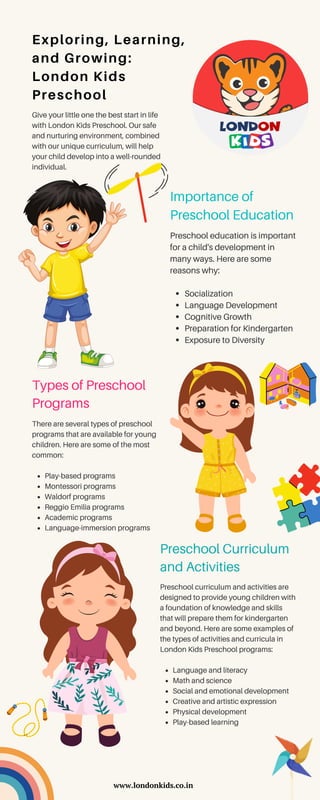 Importance of
Preschool Education
Socialization
Language Development
Cognitive Growth
Preparation for Kindergarten
Exposure to Diversity
Preschool education is important
for a child's development in
many ways. Here are some
reasons why:
Preschool Curriculum
and Activities
Give your little one the best start in life
with London Kids Preschool. Our safe
and nurturing environment, combined
with our unique curriculum, will help
your child develop into a well-rounded
individual.
Exploring, Learning,
and Growing:
London Kids
Preschool
Types of Preschool
Programs
Play-based programs
Montessori programs
Waldorf programs
Reggio Emilia programs
Academic programs
Language-immersion programs
There are several types of preschool
programs that are available for young
children. Here are some of the most
common:
www.londonkids.co.in
Language and literacy
Math and science
Social and emotional development
Creative and artistic expression
Physical development
Play-based learning
Preschool curriculum and activities are
designed to provide young children with
a foundation of knowledge and skills
that will prepare them for kindergarten
and beyond. Here are some examples of
the types of activities and curricula in
London Kids Preschool programs:
 