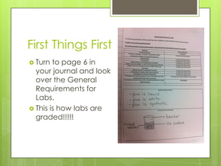 First Things First
 Turn to page 6 in
your journal and look
over the General
Requirements for
Labs.
 This is how labs are
graded!!!!!
 