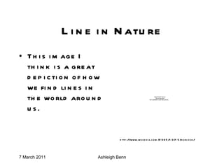 Line in Nature This image I think is a great depiction of how we find lines in the world around us. http://www.woodka.com/2005/10/15/horizon/ 