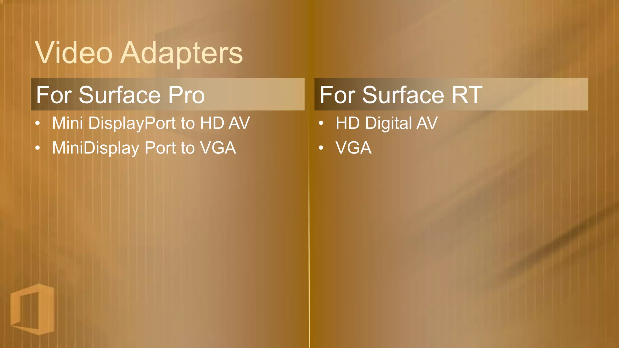 Video Adapters
For Surface Pro               For Surface RT
• Mini DisplayPort to HD AV   • HD Digital AV
• MiniDisplay Port to VGA     • VGA
 