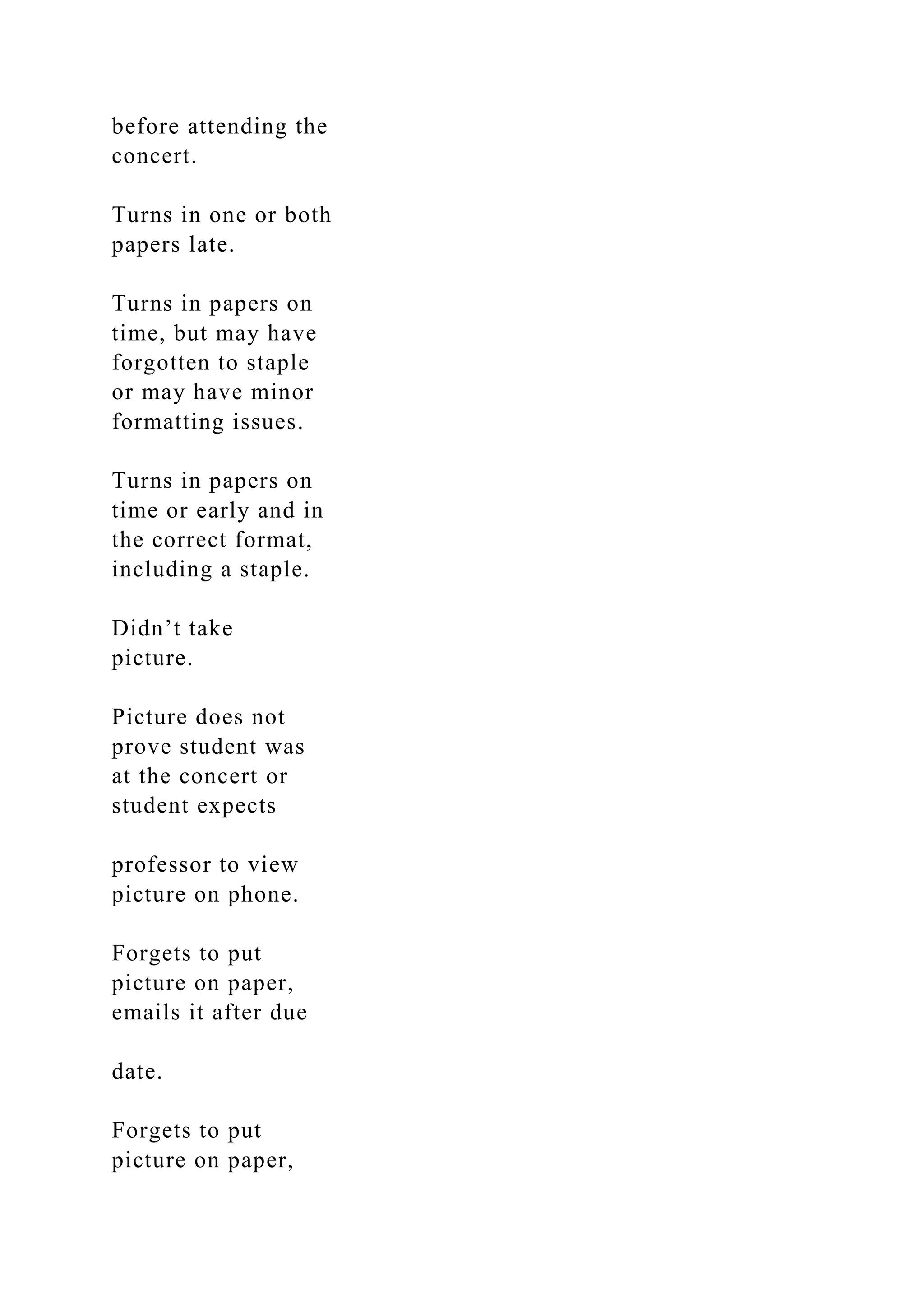 before attending the
concert.
Turns in one or both
papers late.
Turns in papers on
time, but may have
forgotten to staple
or may have minor
formatting issues.
Turns in papers on
time or early and in
the correct format,
including a staple.
Didn’t take
picture.
Picture does not
prove student was
at the concert or
student expects
professor to view
picture on phone.
Forgets to put
picture on paper,
emails it after due
date.
Forgets to put
picture on paper,
 
