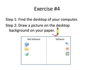 Exercise #4
Step 1: Find the desktop of your computer.
Step 2: Draw a picture on the desktop
background on your paper.
Not Software

Software

 