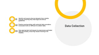01
02
03
Data Collection
Identify and acquire diverse datasets from reliable
sources, ensuring they meet legal and ethical
guidelines.
Explore partnerships with external data providers
to access niche or difficult-to-obtain data.
Use appropriate techniques to preprocess and label
data accurately, ensuring robust training of AI
models.
 