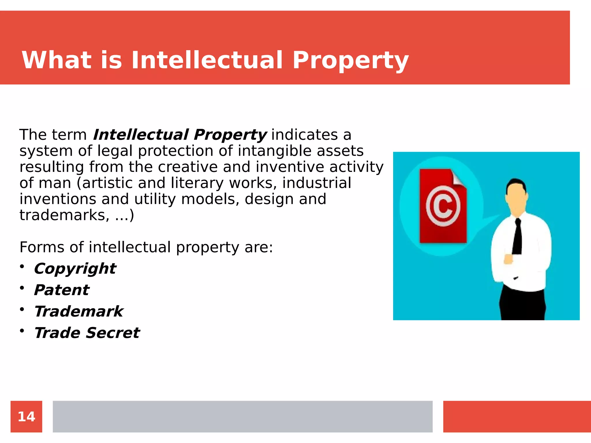 14
What is Intellectual Property
The term Intellectual Property indicates a
system of legal protection of intangible assets
resulting from the creative and inventive activity
of man (artistic and literary works, industrial
inventions and utility models, design and
trademarks, ...)
Forms of intellectual property are:
• Copyright
• Patent
• Trademark
• Trade Secret
 