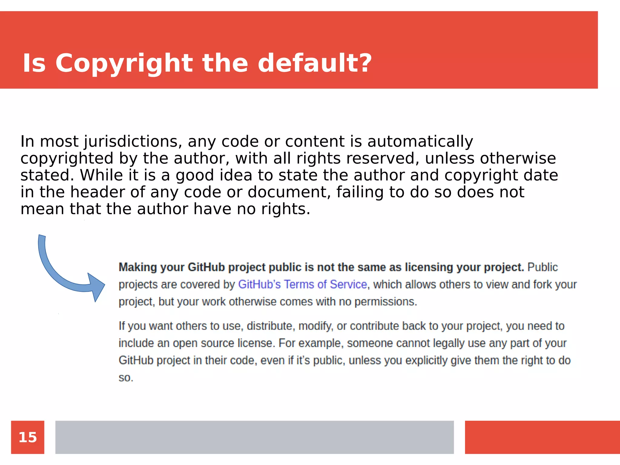 15
Is Copyright the default?
In most jurisdictions, any code or content is automatically
copyrighted by the author, with all rights reserved, unless otherwise
stated. While it is a good idea to state the author and copyright date
in the header of any code or document, failing to do so does not
mean that the author have no rights.
 