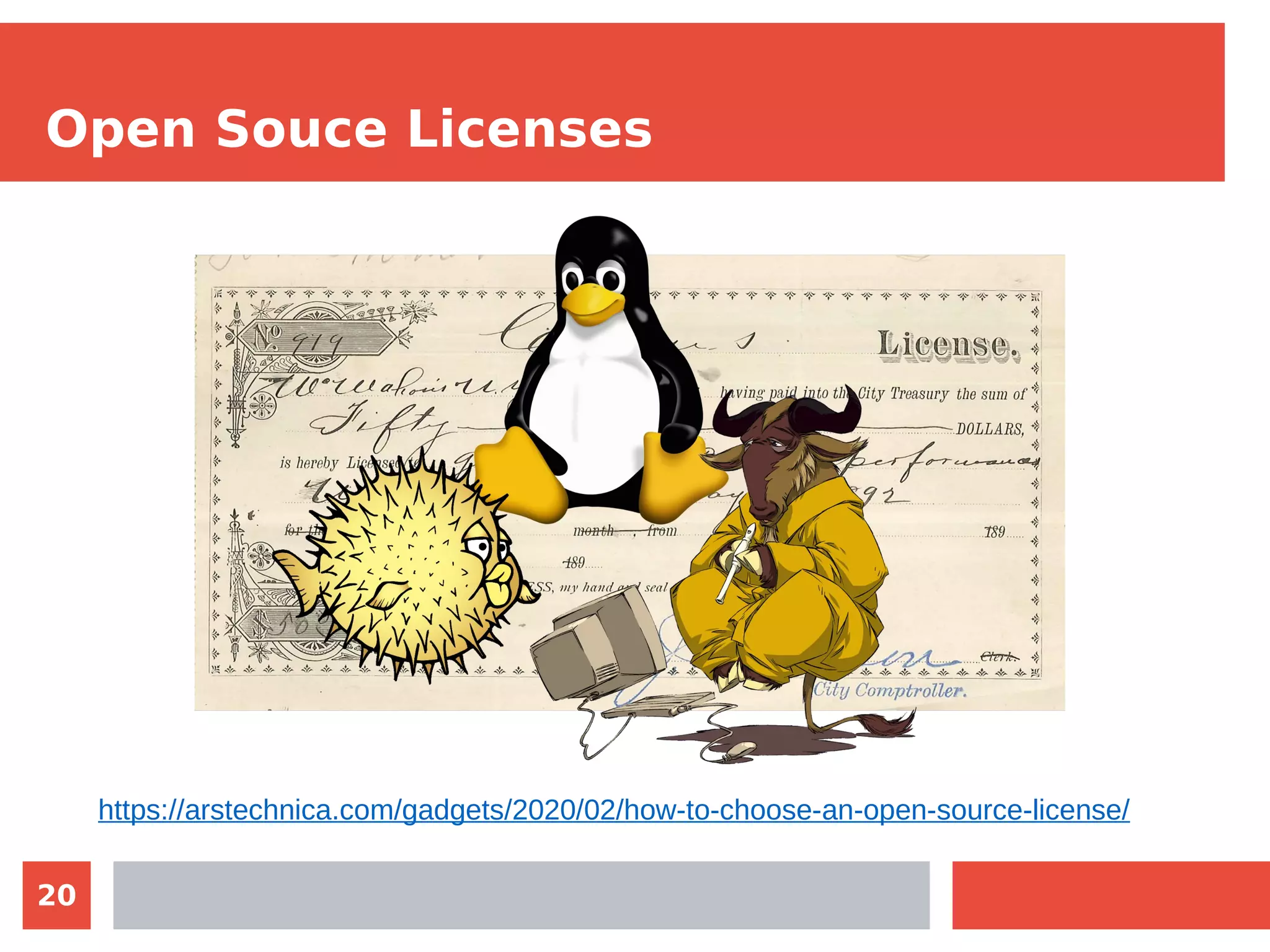 20
Open Souce Licenses
https://arstechnica.com/gadgets/2020/02/how-to-choose-an-open-source-license/
 