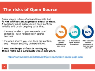 7
The risks of Open Source
Open source is free of acquisition costs but
is not without management costs or risks.
A company using open source must confirm
initially and on an ongoing basis that:
• the way in which open source is used
complies with related open source
licenses.
• the open source you use does not contain
any known security vulnerabilities.
A real challenge arises in managing
these risks on a corporate scale and pace.
https://www.synopsys.com/blogs/software-security/open-source-audit-data/
 