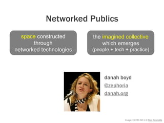 Image: CC BY-NC 2.0 Roo Reynolds
Networked Publics
danah boyd
@zephoria
danah.org
space constructed
through
networked tech...