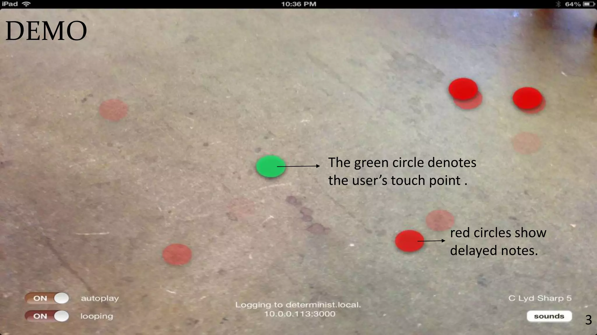 DEMO 
The green circle denotes 
the user’s touch point . 
red circles show 
delayed notes. 
3 
 