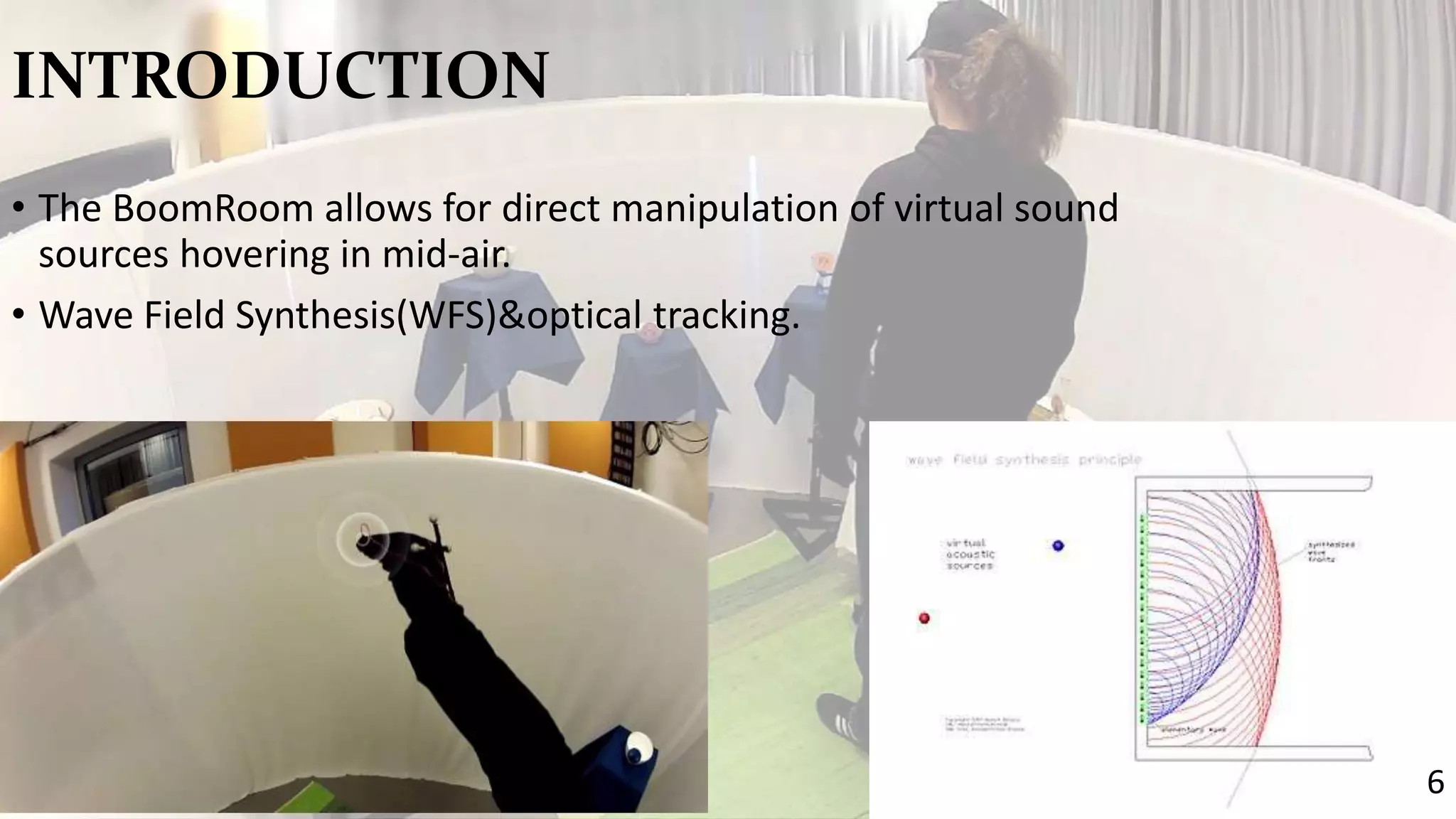 INTRODUCTION 
• The BoomRoom allows for direct manipulation of virtual sound 
sources hovering in mid-air. 
• Wave Field Synthesis(WFS)&optical tracking. 
6 
 