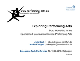 Exploring Performing Arts
Data Modelling in the
Specialised Information Service Performing Arts
Julia Beck | j.beck@ub.uni-frankfurt.de
Marko Knepper | m.knepper@ub.uni-mainz.de
Europeana Tech Conference 15.-16.05.2018, Rotterdam
16.05.2018
 