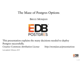 The Maze of Postgres Options
BRUCE MOMJIAN
This presentation explains the many decisions needed to deploy
Postgres successfully.
Creative Commons Attribution License http://momjian.us/presentations
Last updated: February, 2019
1 / 29
 