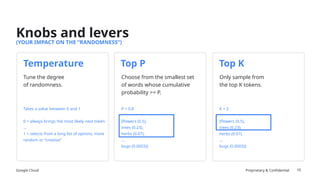Google Cloud Proprietary & Confidential
Temperature
10
Knobs and levers
Tune the degree
of randomness.
Choose from the smallest set
of words whose cumulative
probability >= P.
Only sample from
the top K tokens.
Takes a value between 0 and 1
0 = always brings the most likely next token
...
1 = selects from a long list of options, more
random or “creative”
P = 0.8
[flowers (0.5),
trees (0.23),
herbs (0.07),
...
bugs (0.0003)]
K = 2
[flowers (0.5),
trees (0.23),
herbs (0.07),
...
bugs (0.0003)]
Top P Top K
(YOUR IMPACT ON THE “RANDOMNESS”)
 